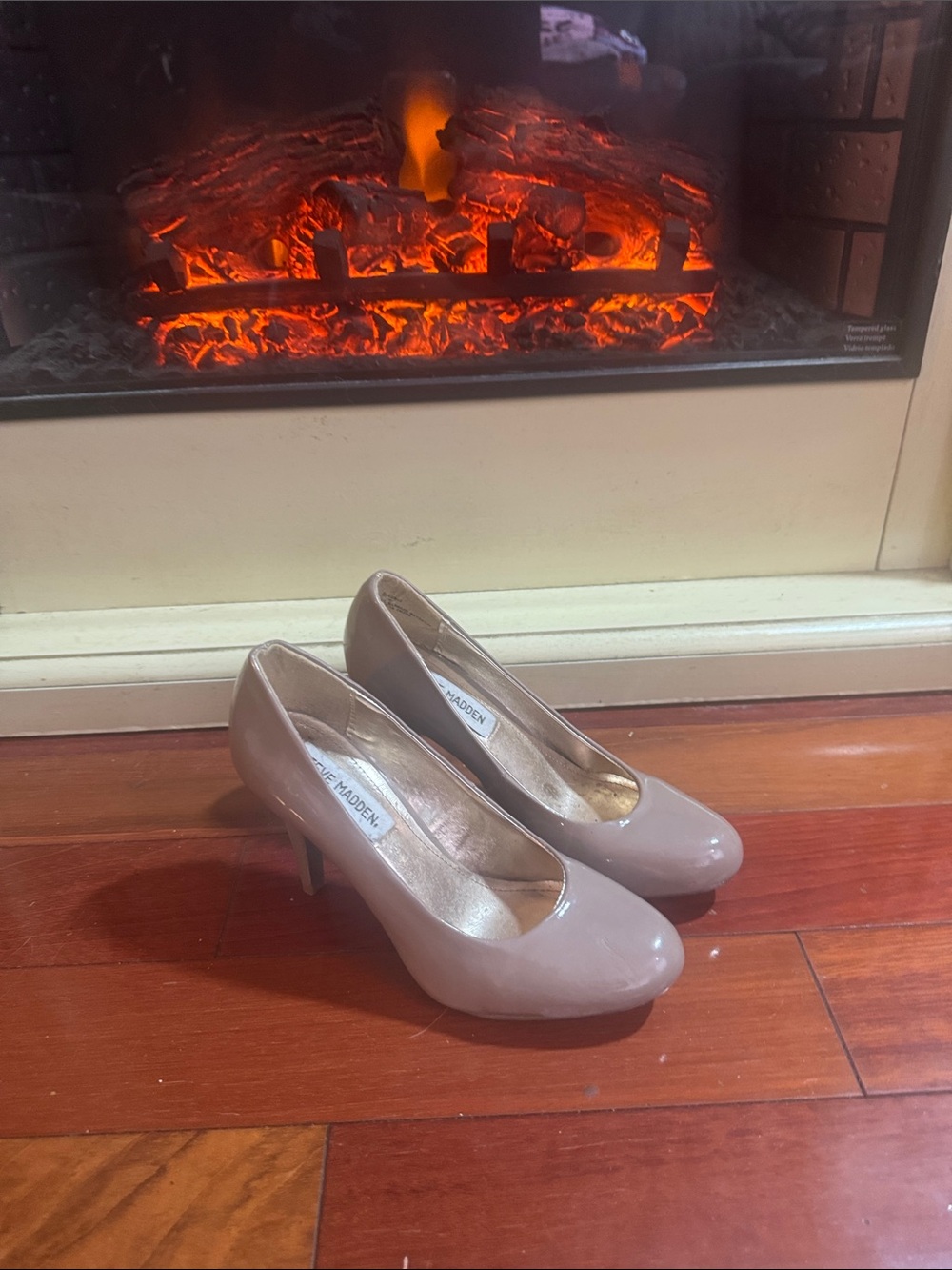 Steve Madden Taupe Patent Round-Toe Pumps